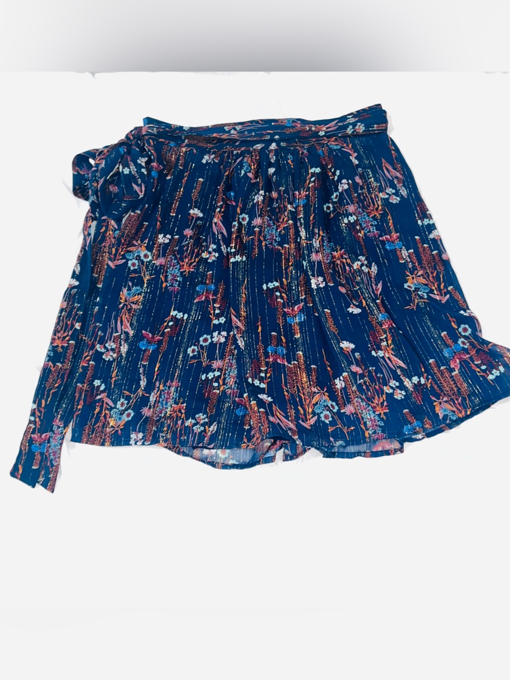 NWT Anthropologie Shimmer Floral Wrap Mini Skirt Blue